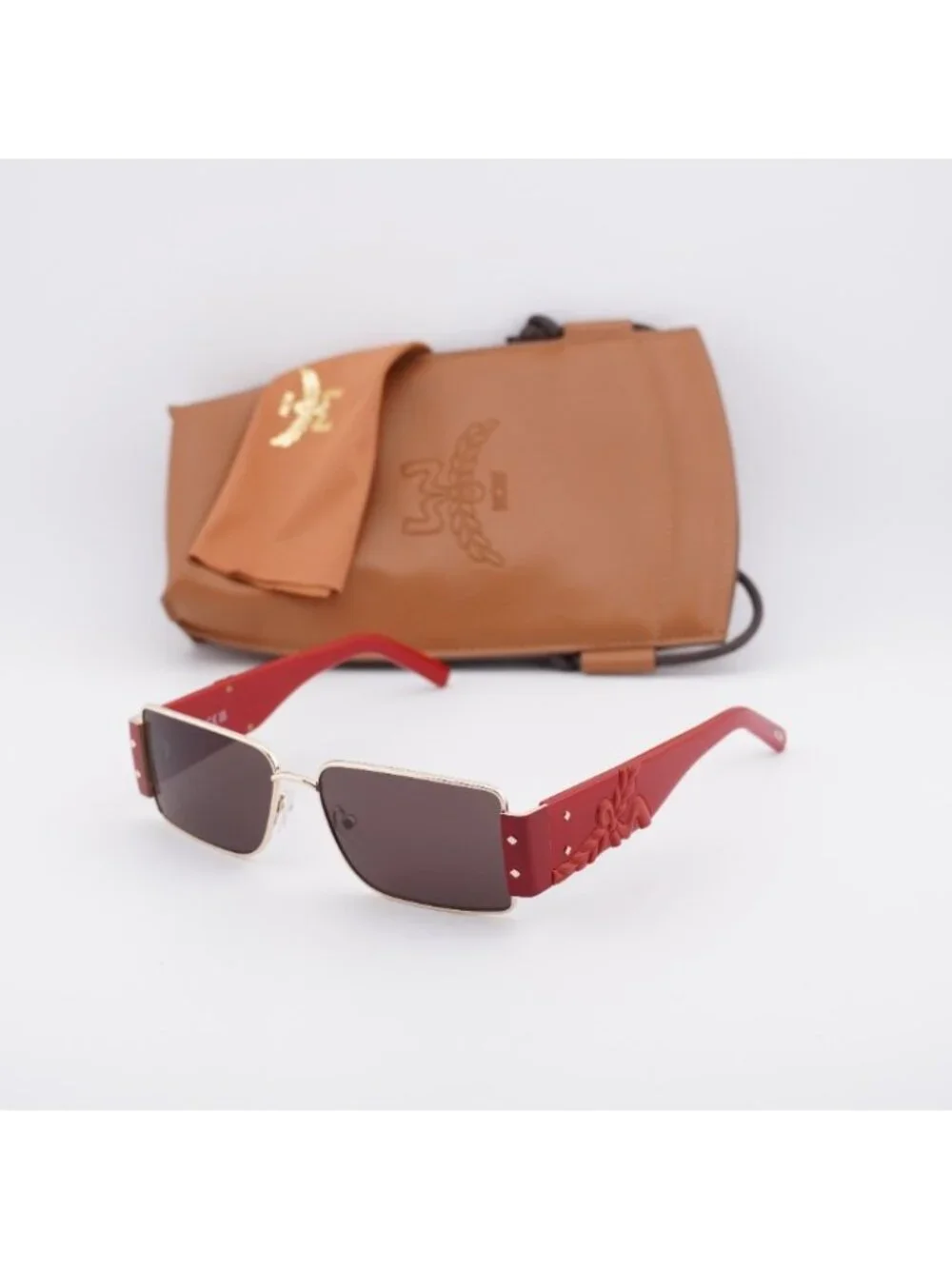 MCM MW0012 32E Sunglasses Pale Gold/Red Rectangle Frame, Mauve Lenses